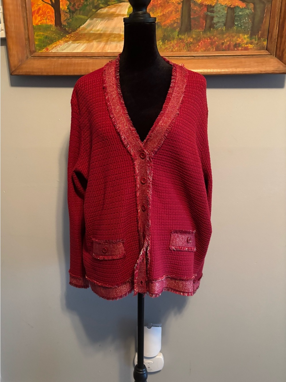 Adrianna Papell Fringed Trim Burgundy Button-Front Cardigan Sweater NWT